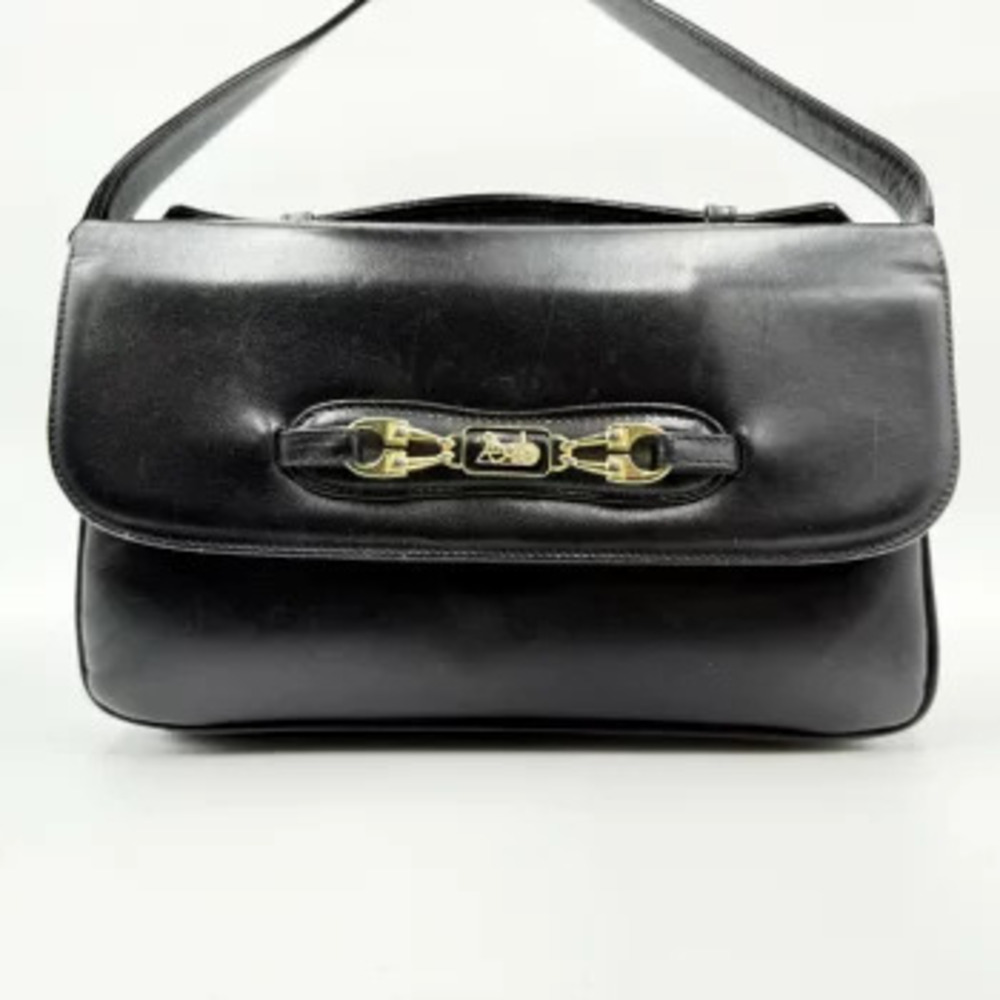Celine Carriage Leather Bar Clasp Shoulder Bag Black